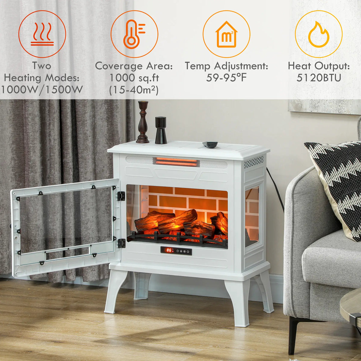Adjustable 3D flame brightness settings on electric fireplace stove