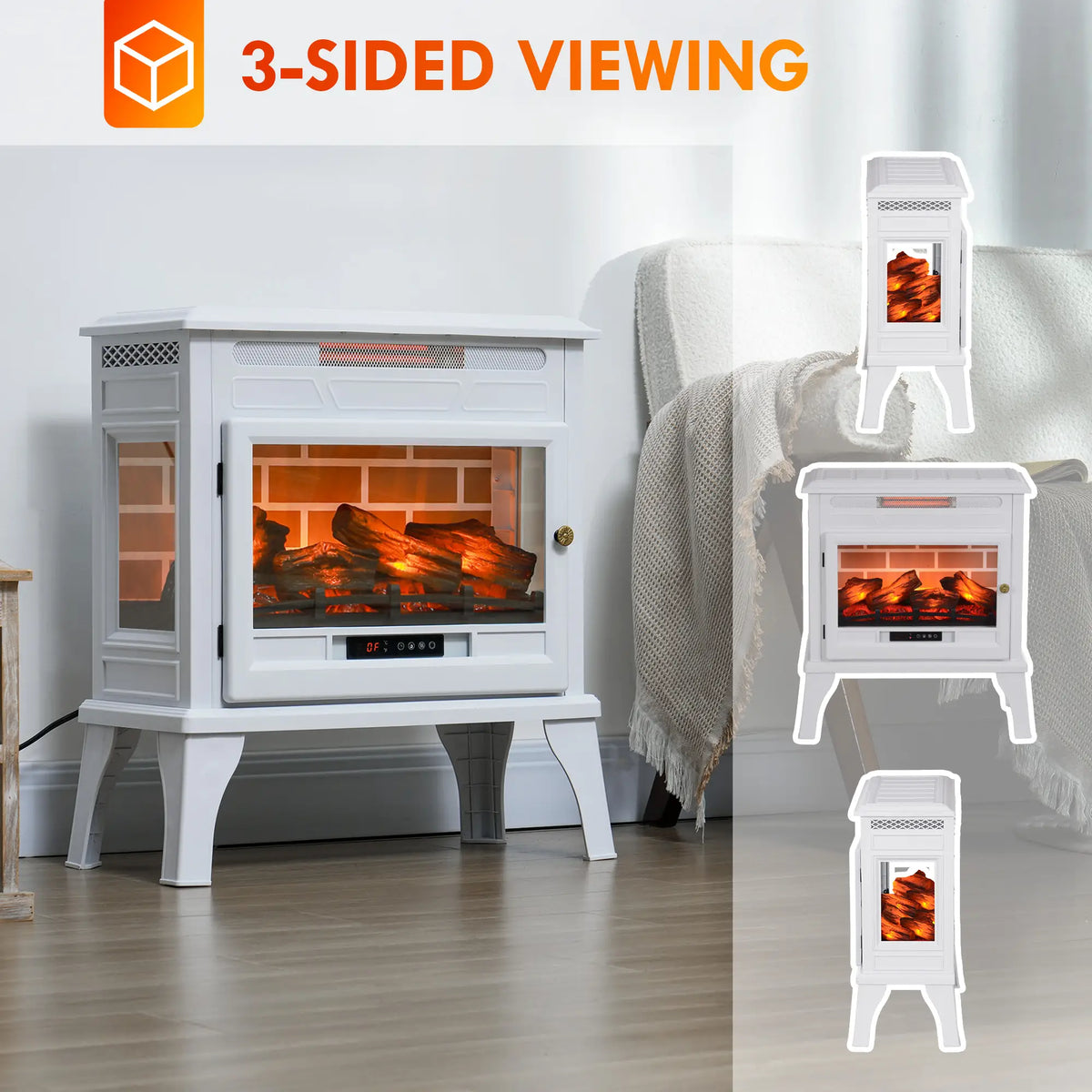Freestanding 1500W electric fireplace heater warming a room