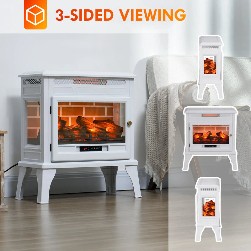 Freestanding 1500W electric fireplace heater warming a room