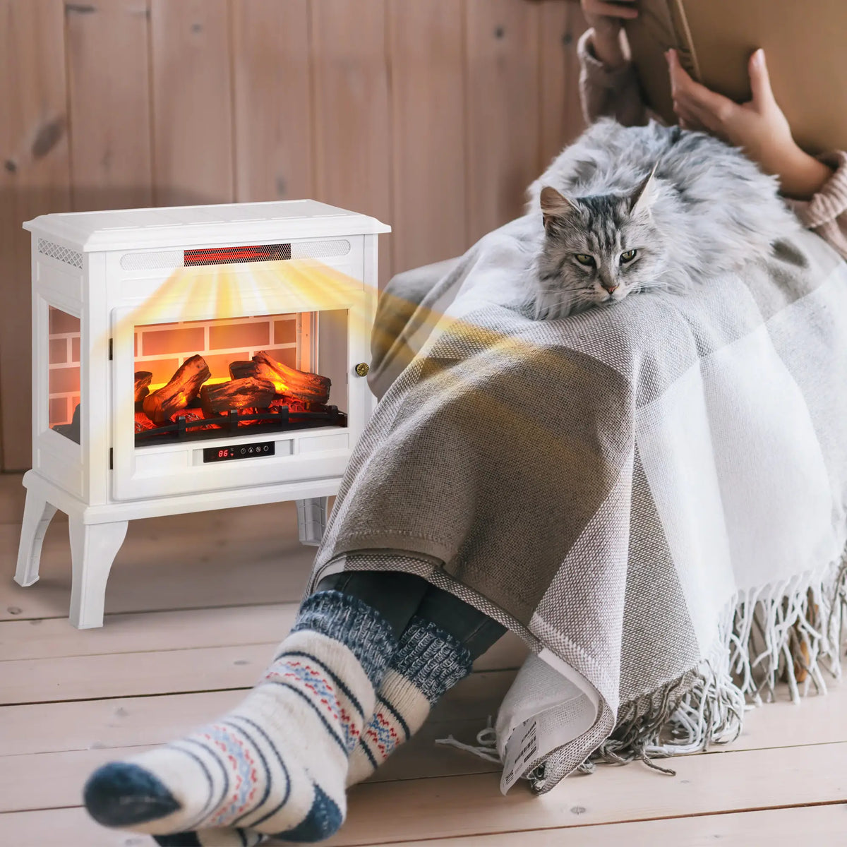Freestanding fireplace heater in a modern living room