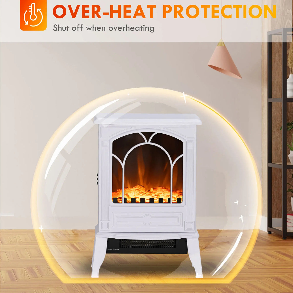 HOMCOM electric fireplace heater with built-in overheat protection.