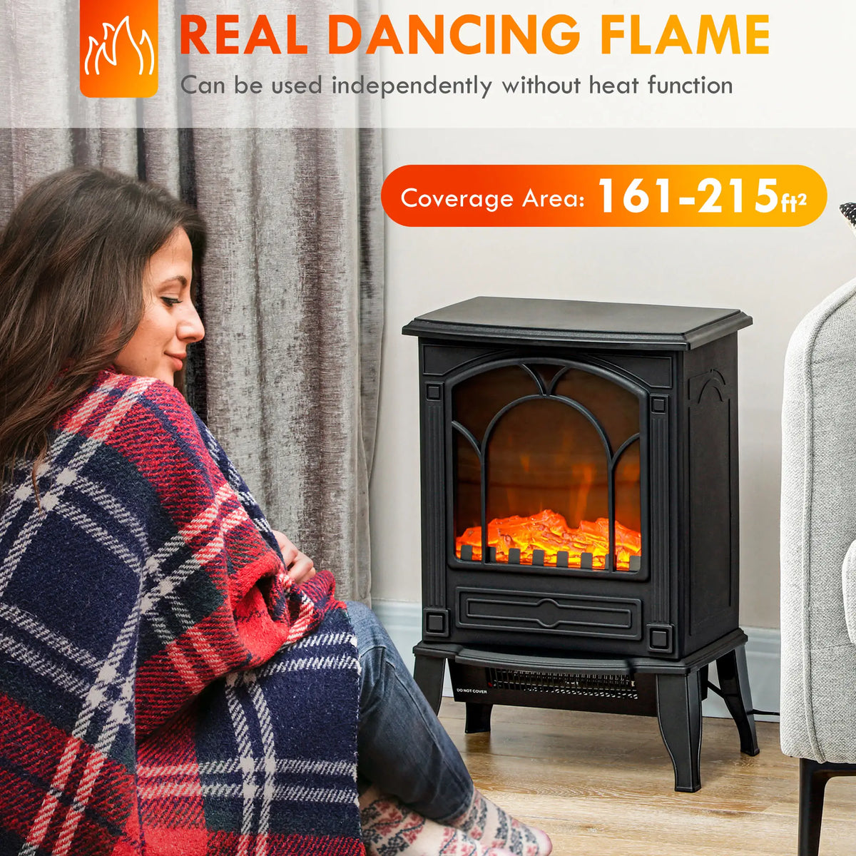 HOMCOM electric fireplace heater with built-in overheat protection.
