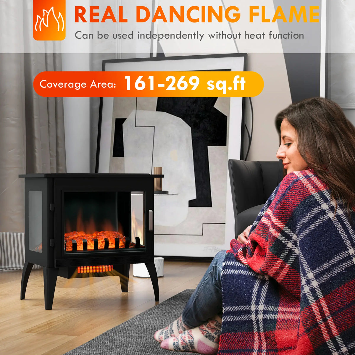 Electric fireplace heater with adjustable 1000W and 1500W heat settings