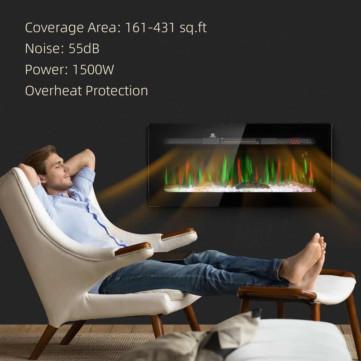 LED electric wall fireplace with 10 flame color options