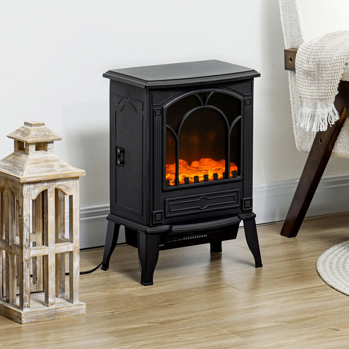 HOMCOM fireplace heater with 750W and 1500W heat output options.