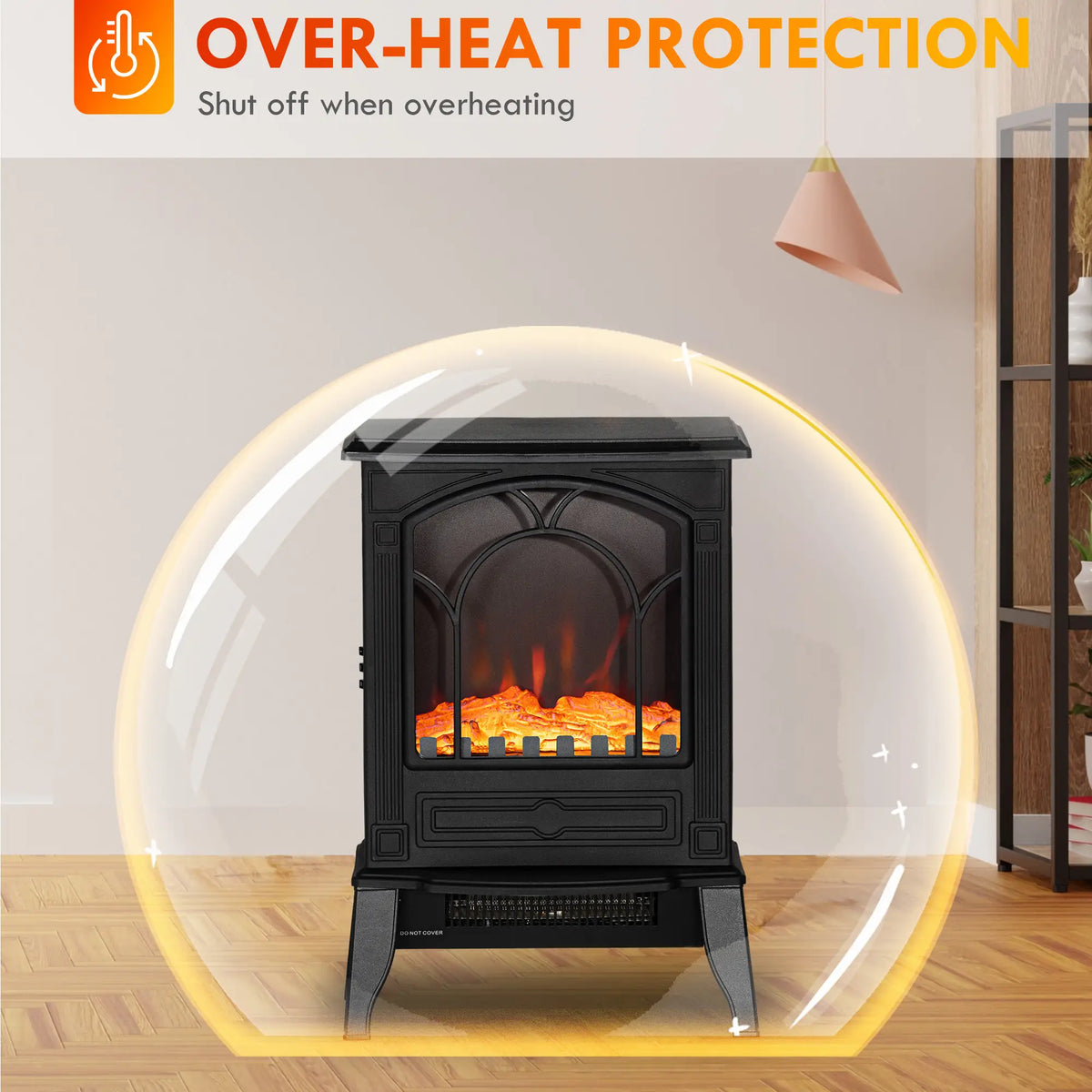 Black freestanding electric fireplace in a cozy living room setting.