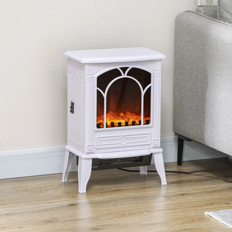 White HOMCOM electric fireplace stove with 750W/1500W heat settings.