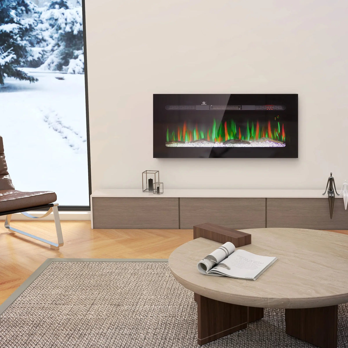 Modern recessed electric fireplace heater with adjustable flames