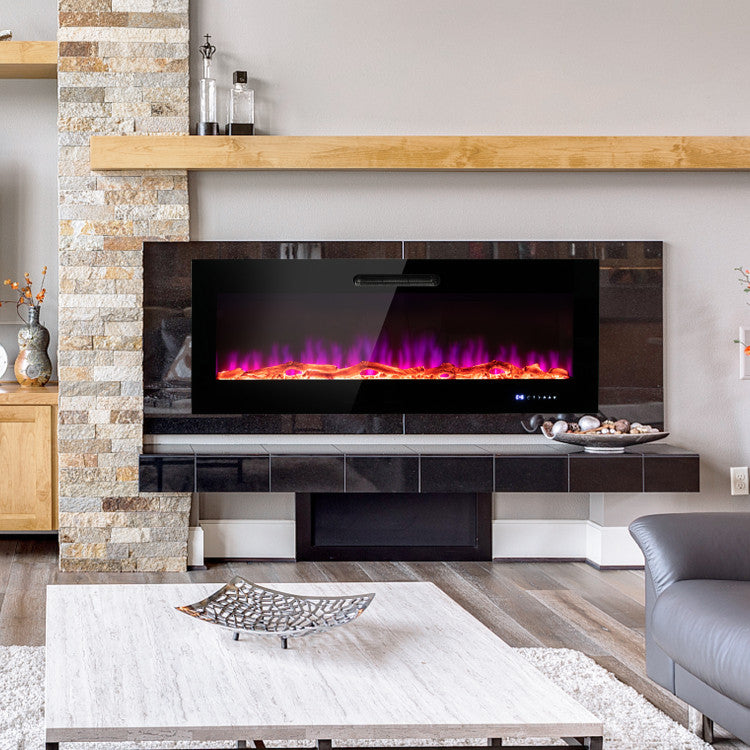 Recessed fireplace with crystal ember bed and flames