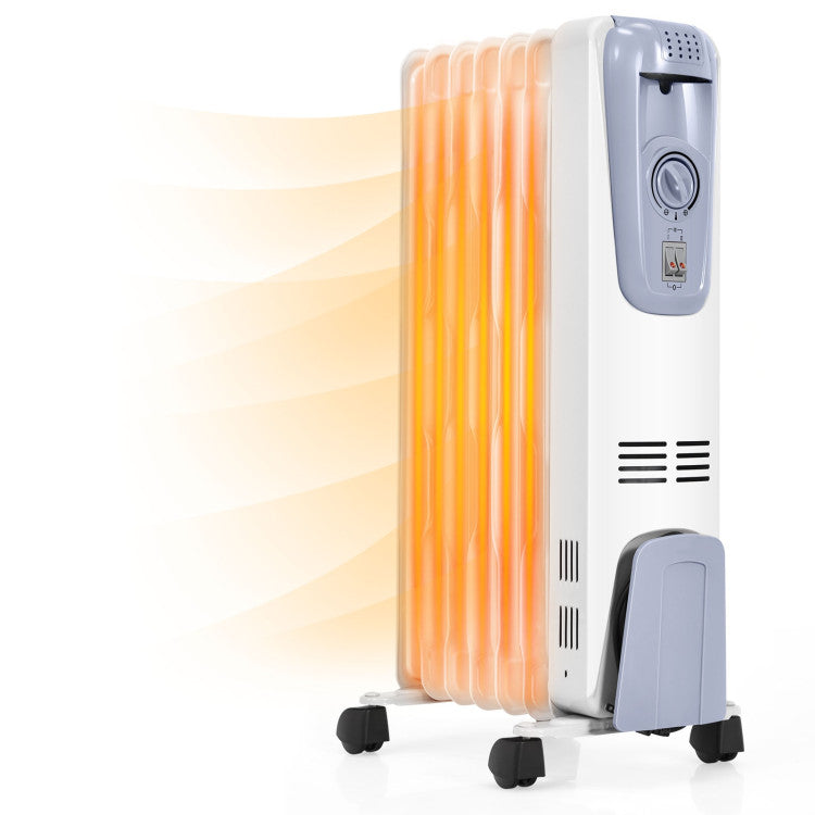 Oil-filled radiator heater used in a cozy bedroom setting
