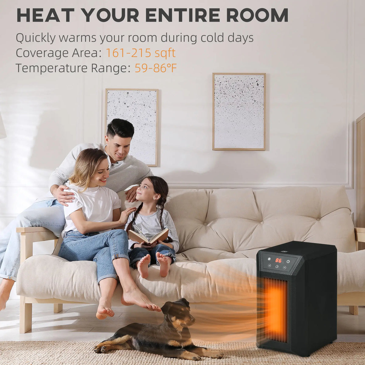 Infrared electric fireplace heater for small and medium-sized rooms.