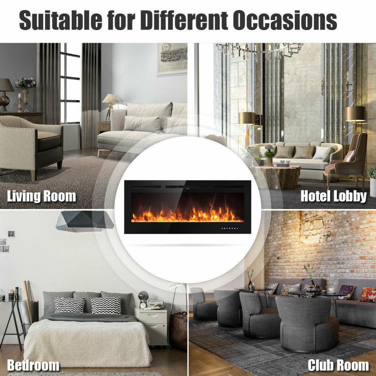 LED flame view of electric fireplace at night with vivid lighting