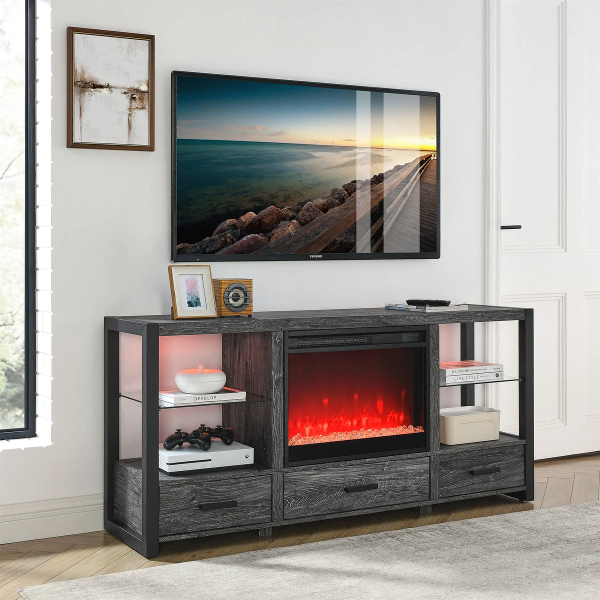 Media cabinet with electric fireplace and adjustable LED flame settings