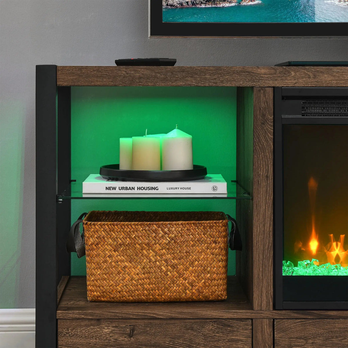 Media cabinet with electric fireplace and adjustable LED flame settings