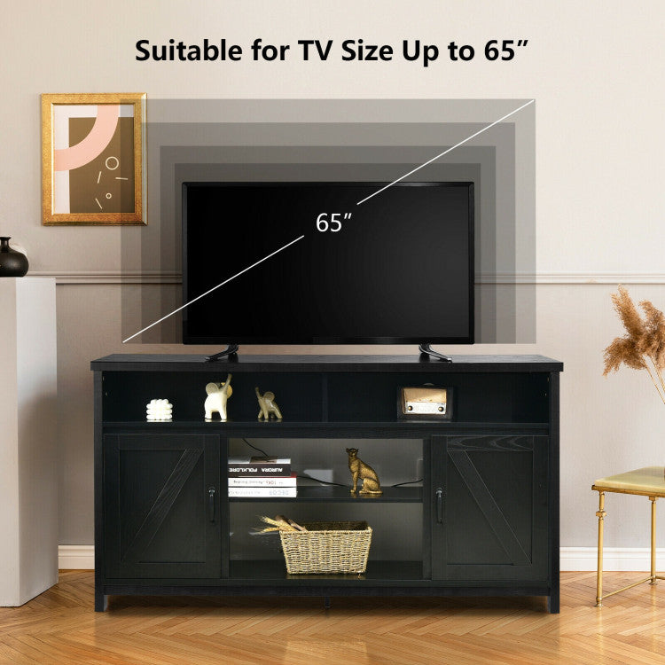 Rustic barn door TV media console with fireplace insert compatibility