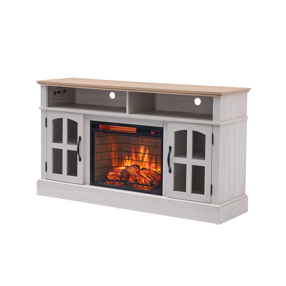 White Media Console with Glass Doors & Electric Fireplace