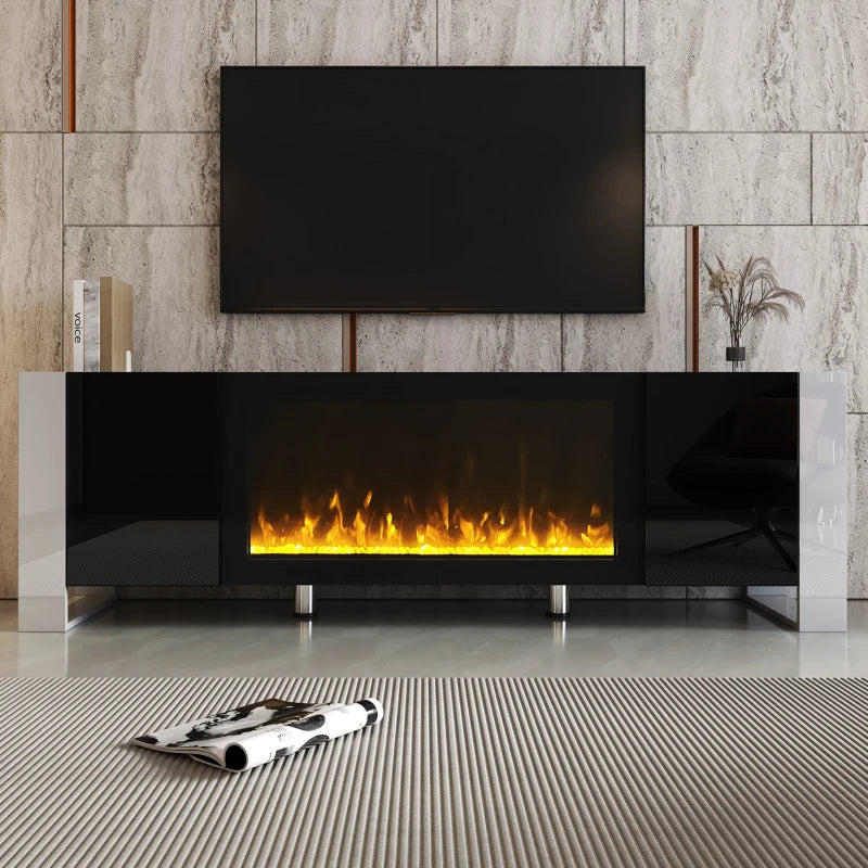 Black Media Console with Fireplace and Storage Cabinets