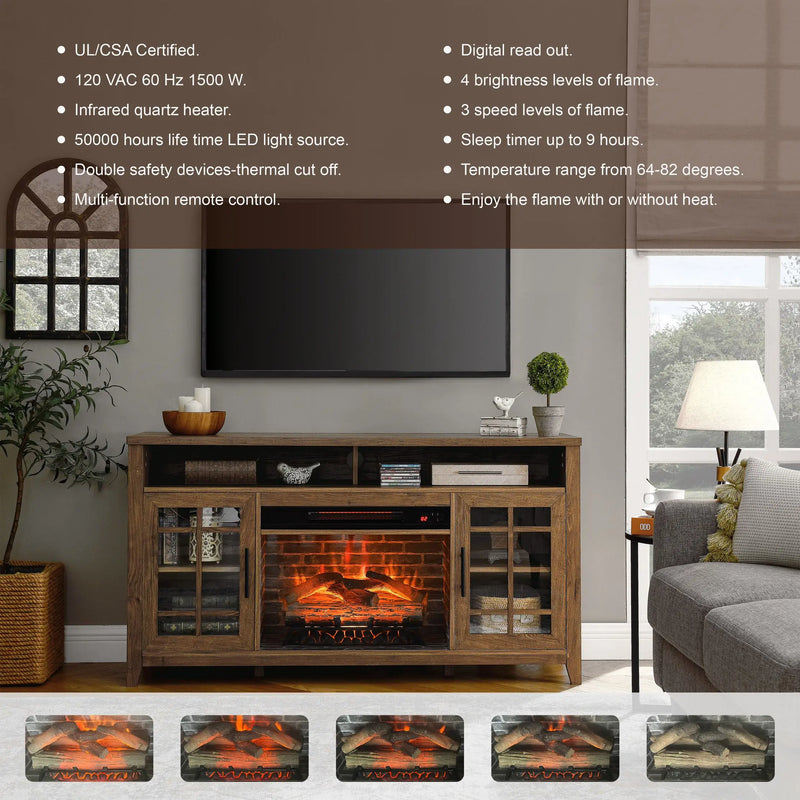 Media console with infrared quartz electric fireplace and remote control