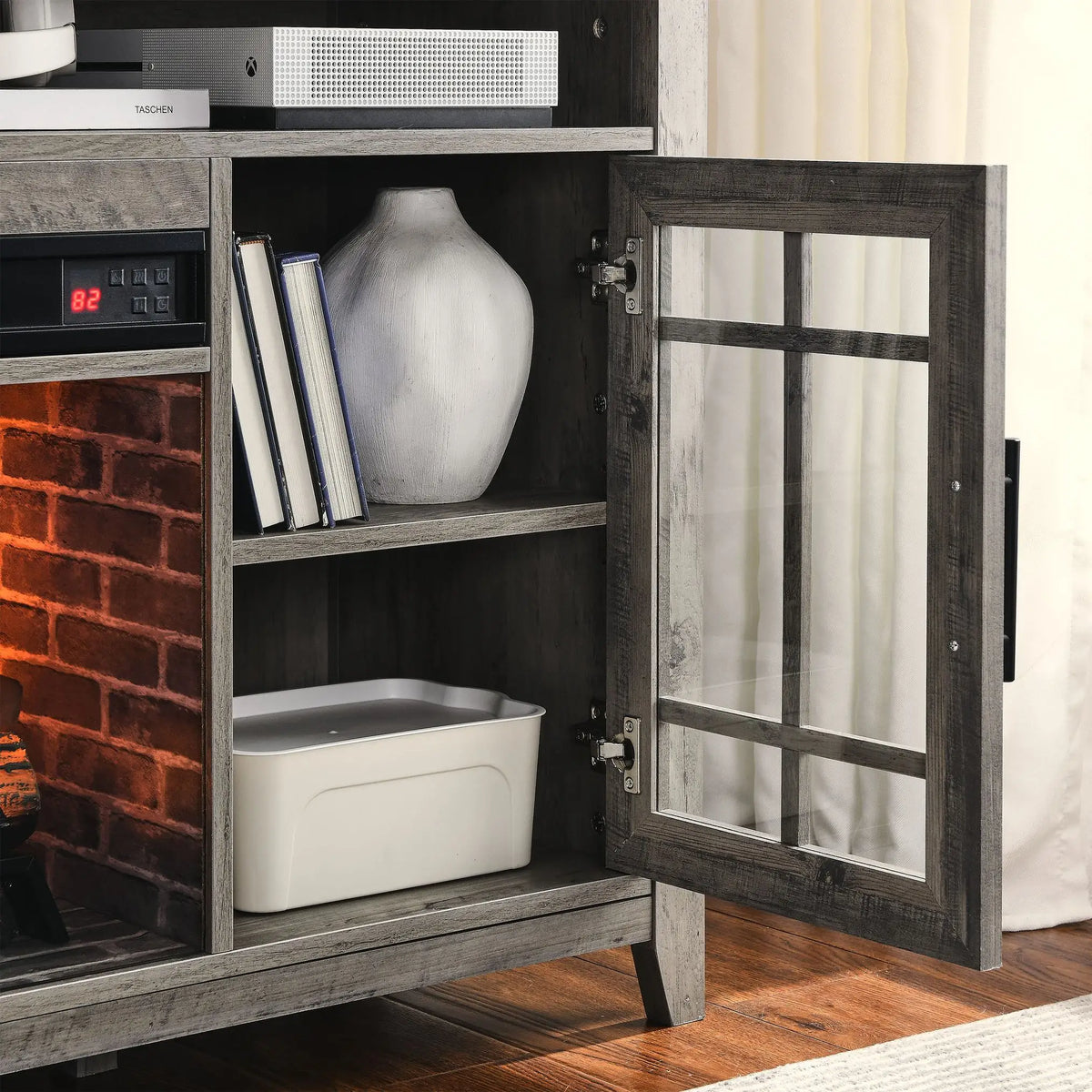 Media console with infrared quartz electric fireplace and remote control