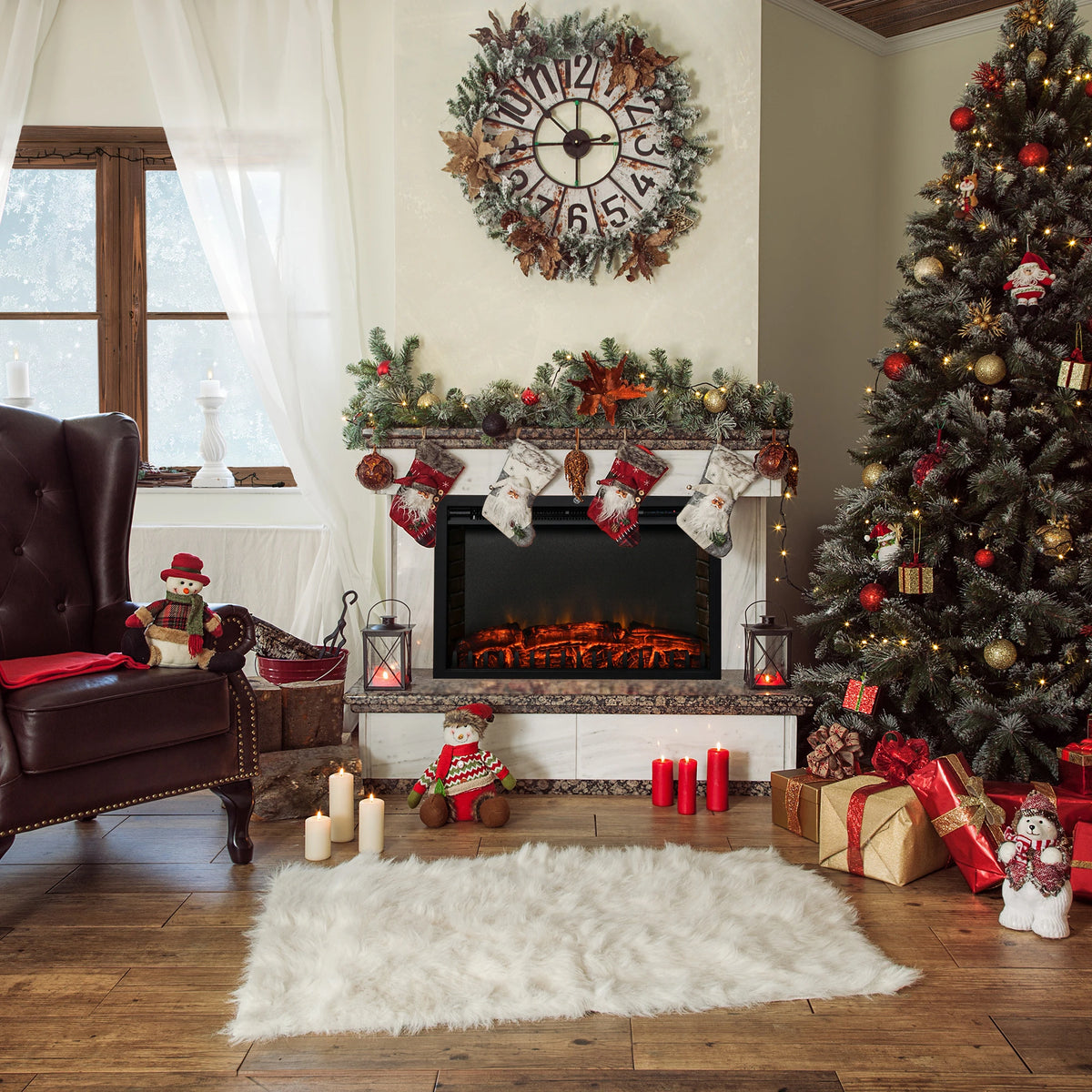 Black metal electric fireplace insert with brick interior design
