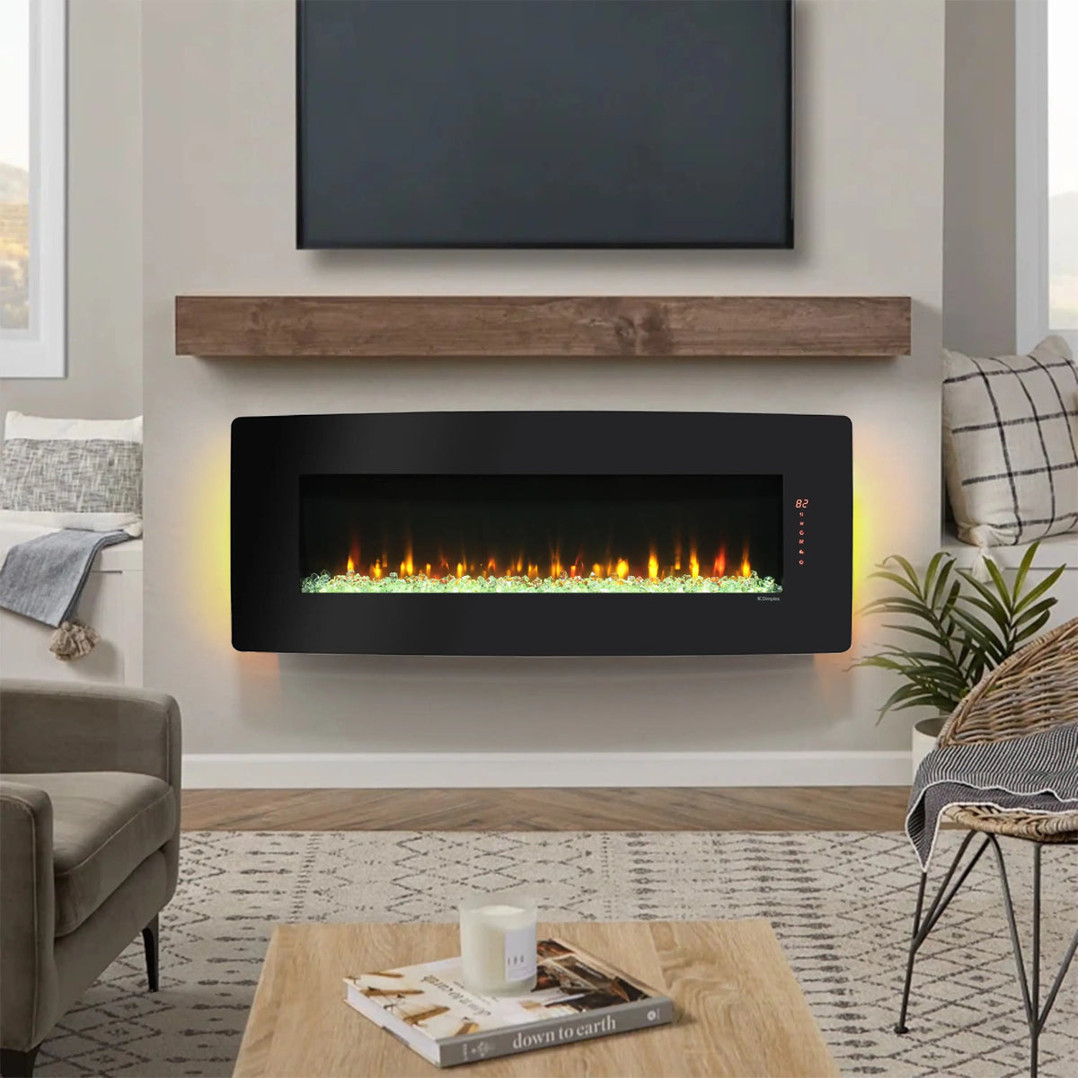 Modern curved wall-mounted electric fireplace designed to fit contemporary interiors.