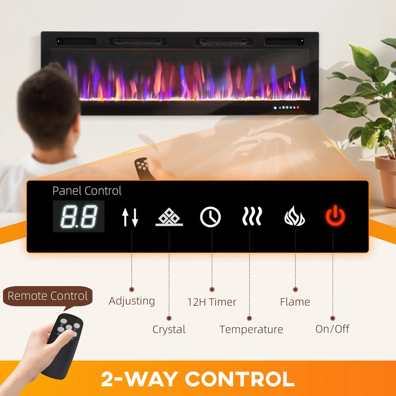 Wall-mounted fireplace heater with remote control and temperature settings.