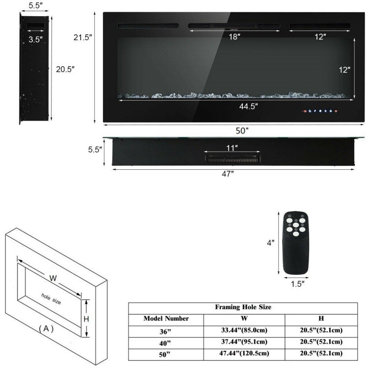 Modern recessed electric fireplace with 9 flame color LED display