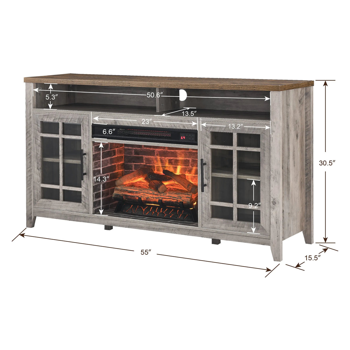Contemporary TV stand with remote-controlled electric fireplace and storage