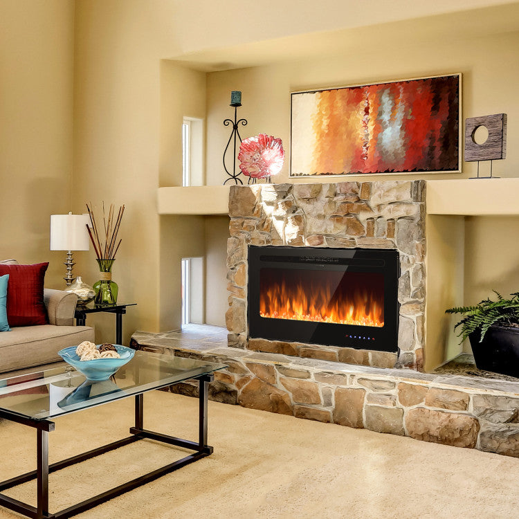 Modern wall mounted electric fireplace in contemporary living room setting