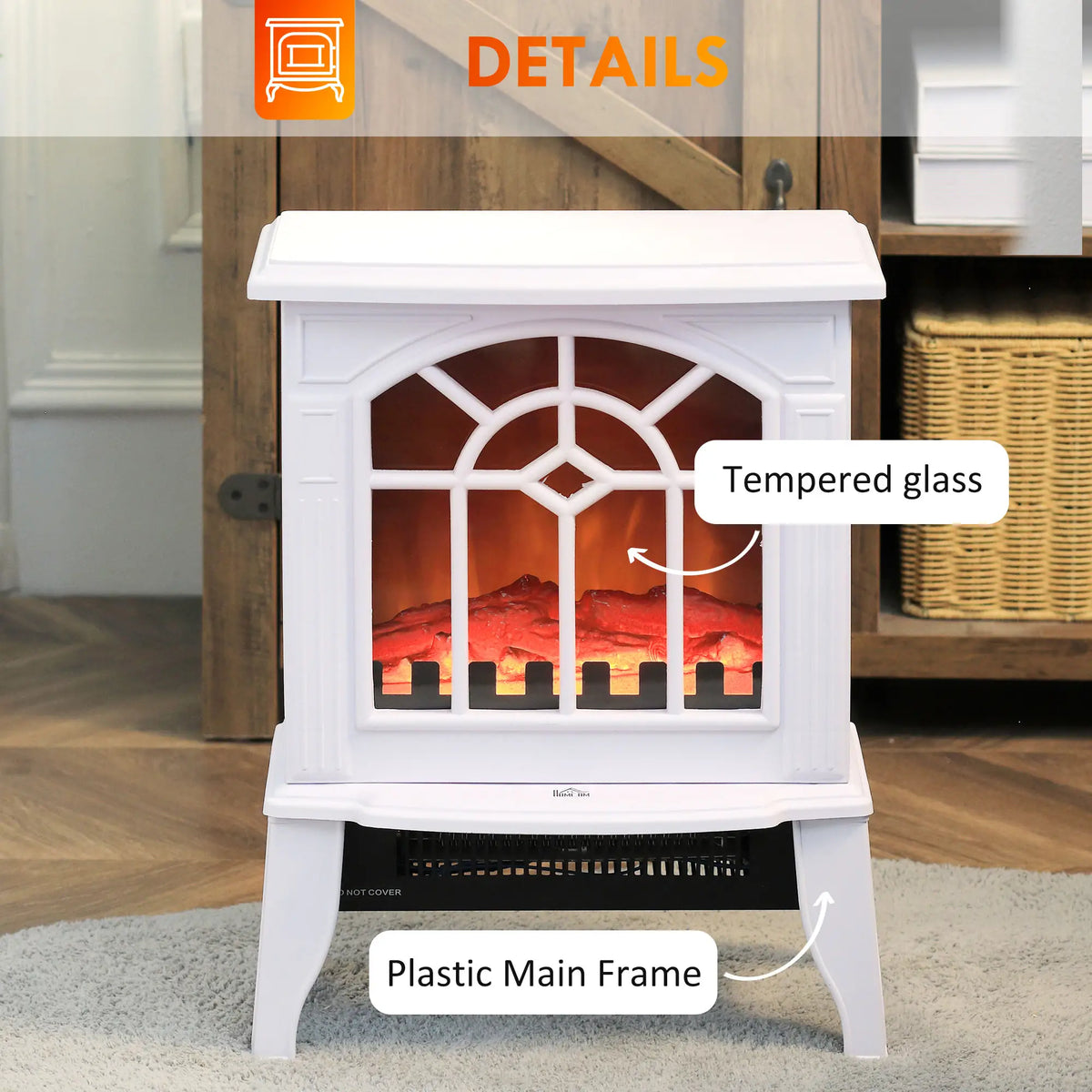 White electric fireplace stove with sleek design and overheat protection for added safety