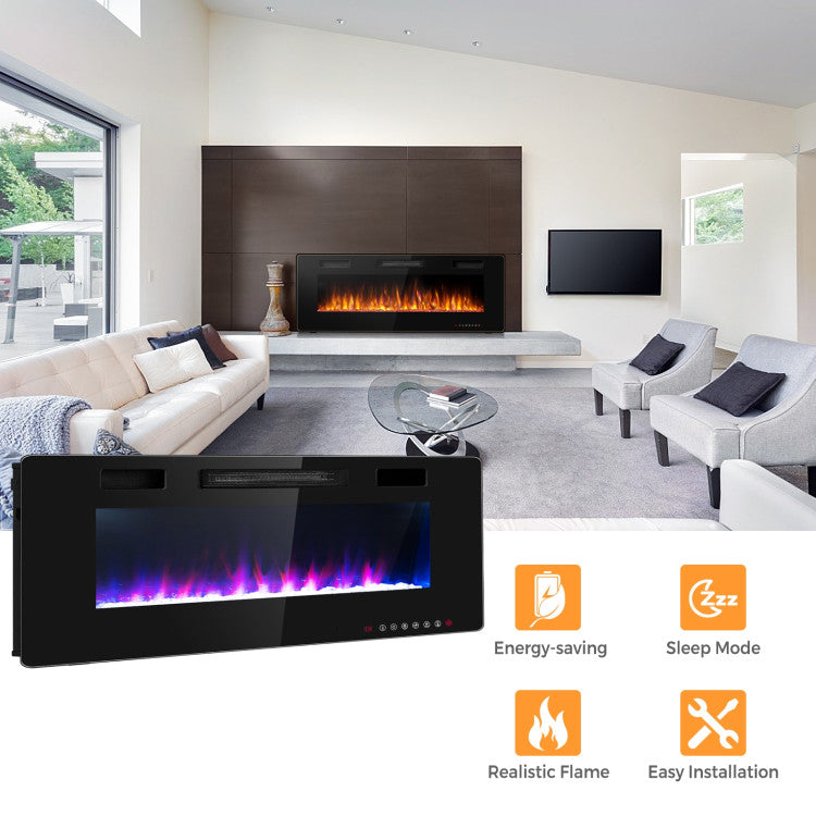 Recessed electric fireplace with 12 flame colors and crystal bed
