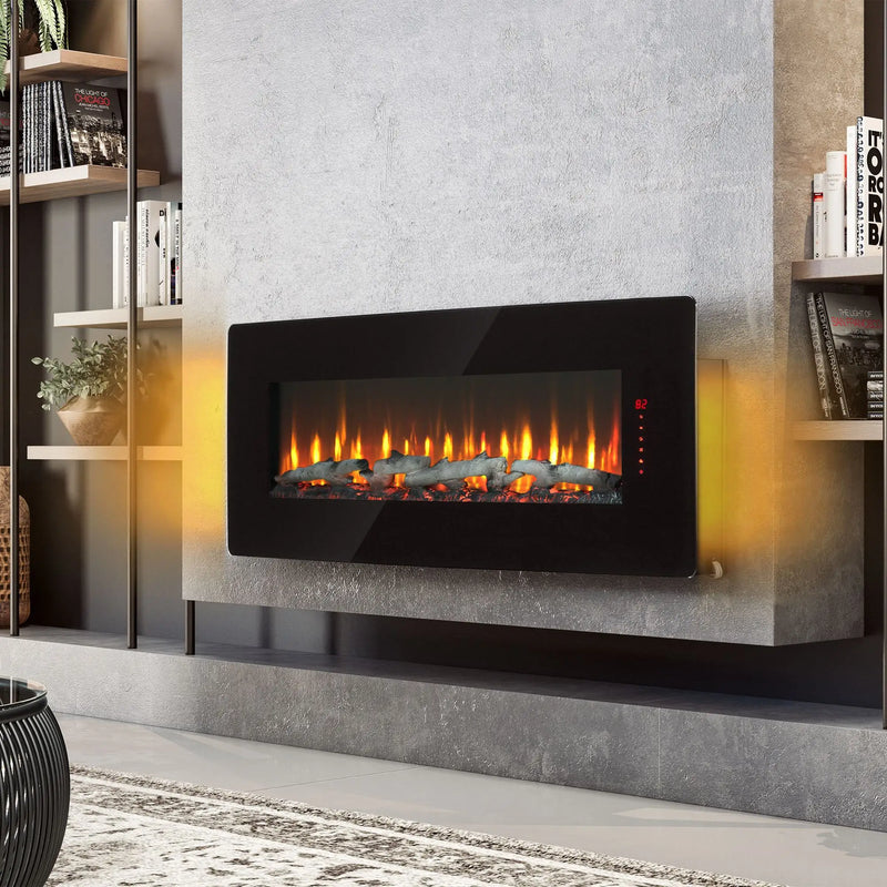 Electric fireplace with three burning modes: Logs, Crystals, Pebbles.