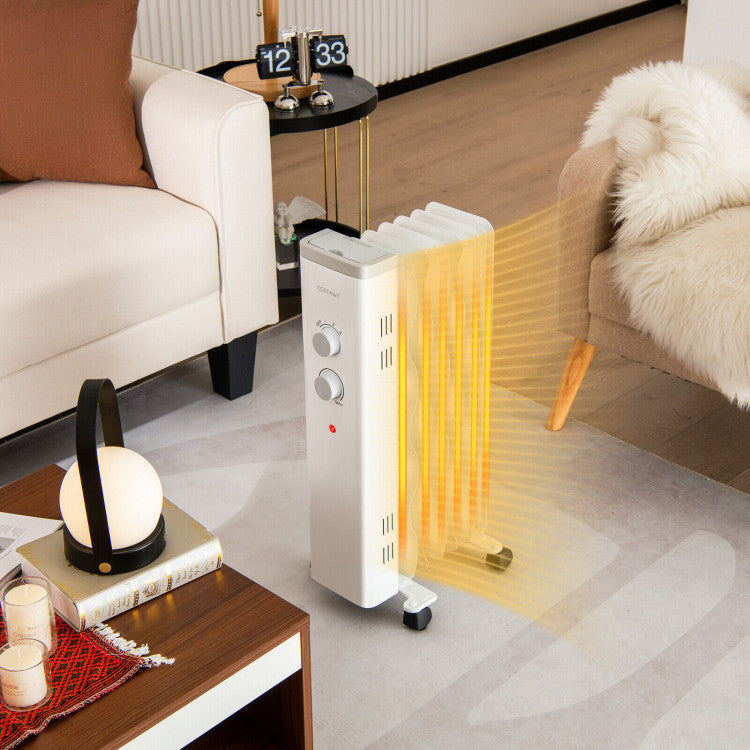 Oil filled 1500W portable room heater with thermostat and wheels