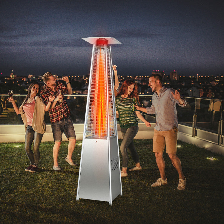 Outdoor patio heater with glass flame tube and 360-degree heating