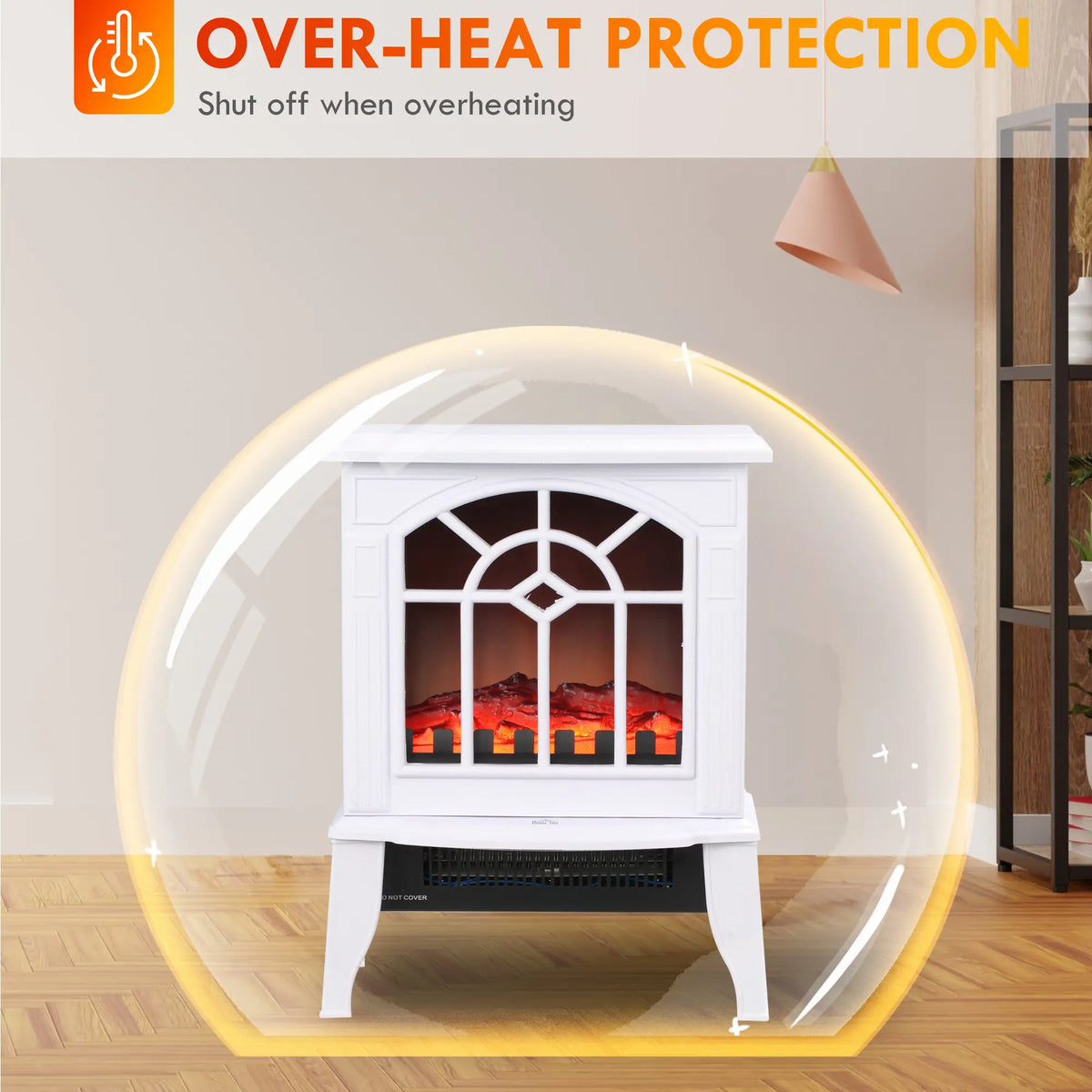Freestanding electric fireplace with cool-touch exterior and year-round flame effect