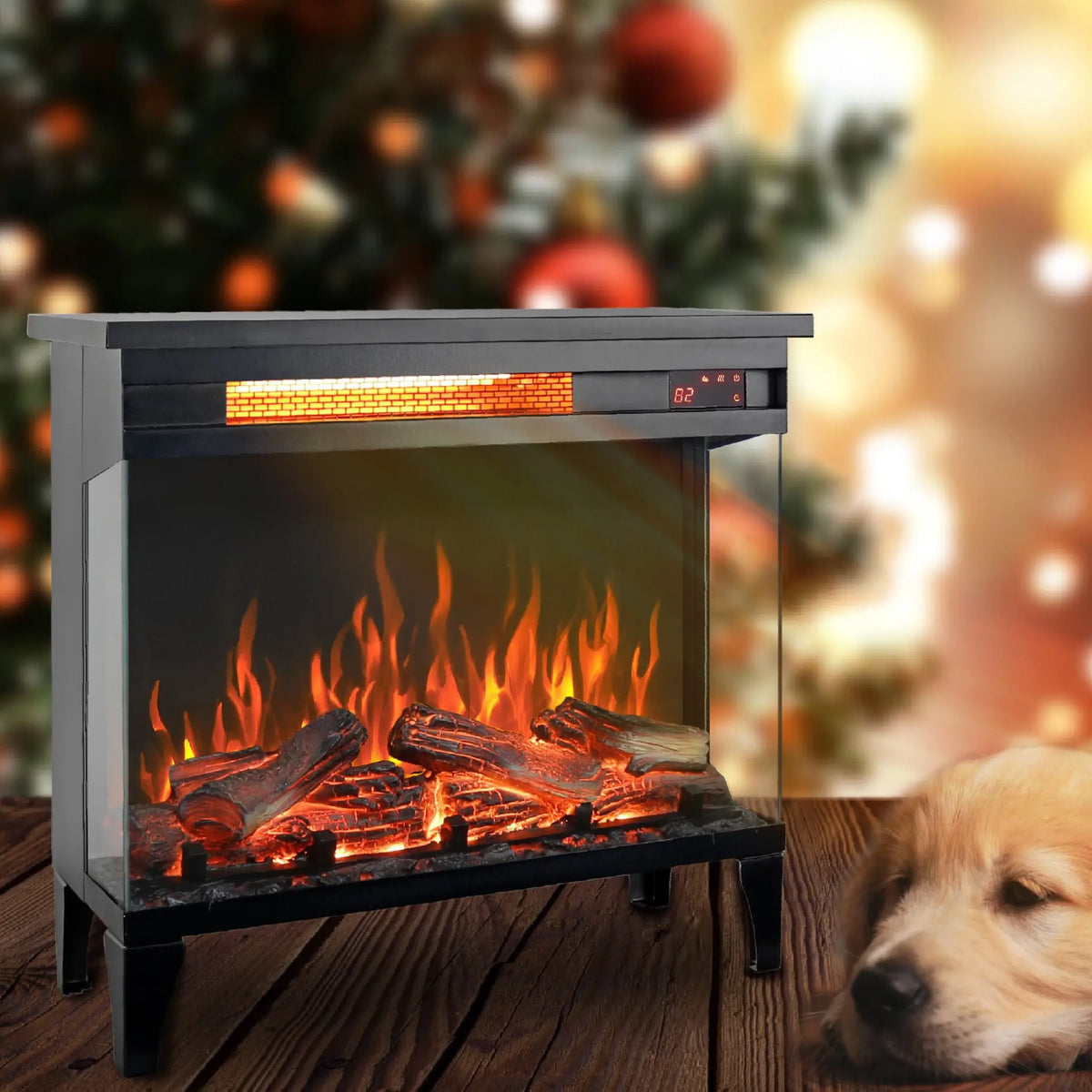 Panoramic view of flames through 3-sided glass in electric fireplace.