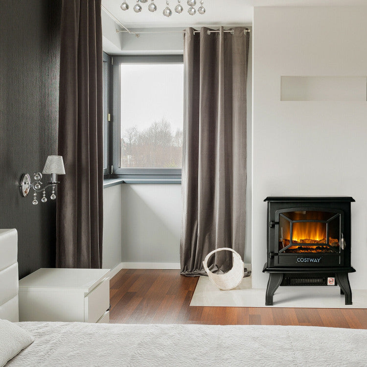 Compact electric fireplace heater placed in a cozy living room setting