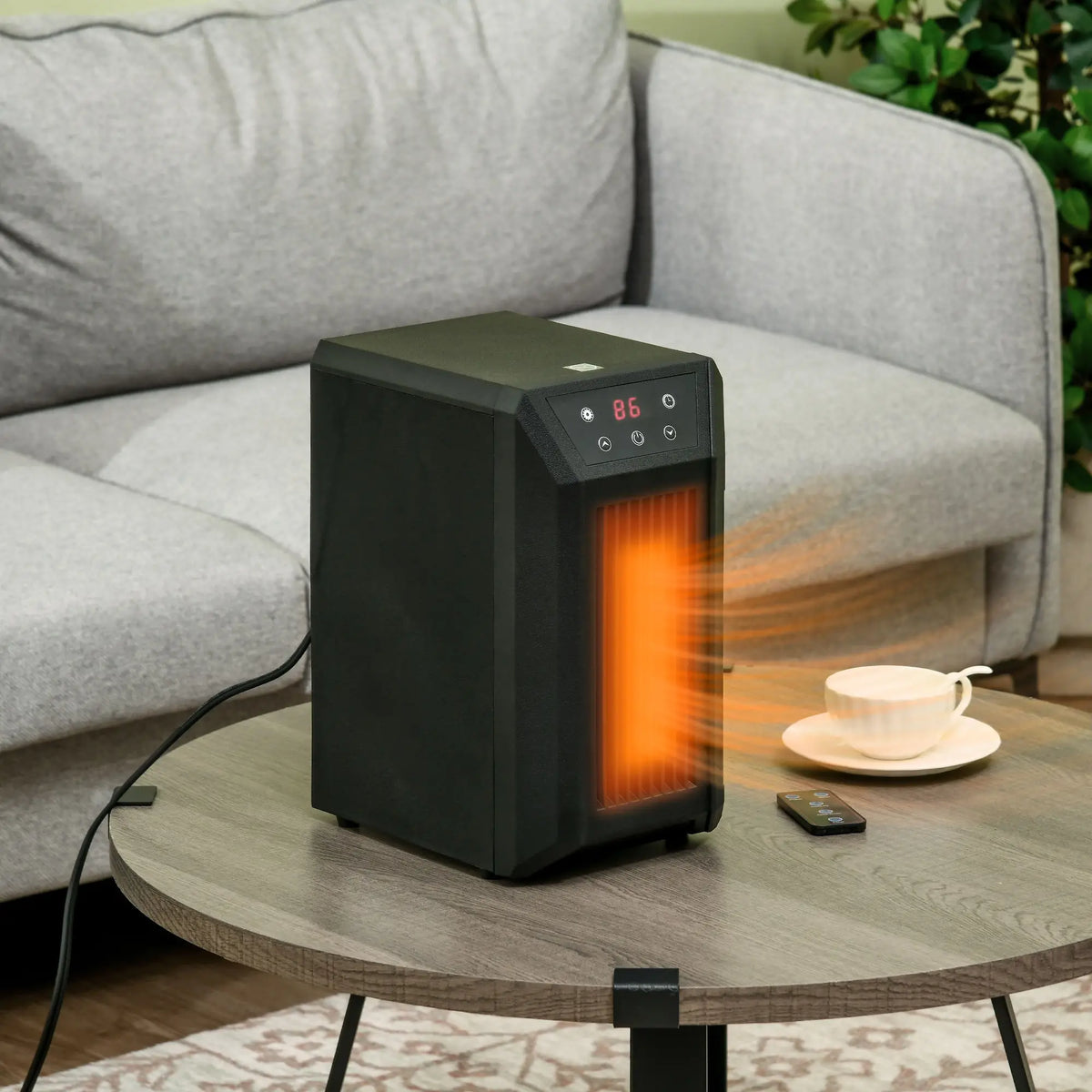 Portable electric fireplace heater with adjustable thermostat and timer.