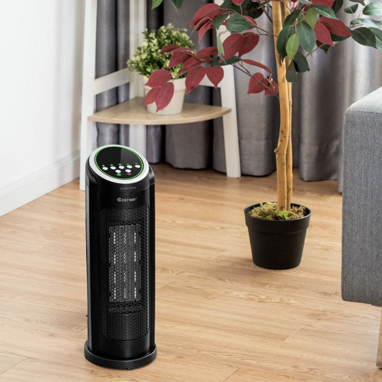 Portable indoor heater with remote control on living room floor