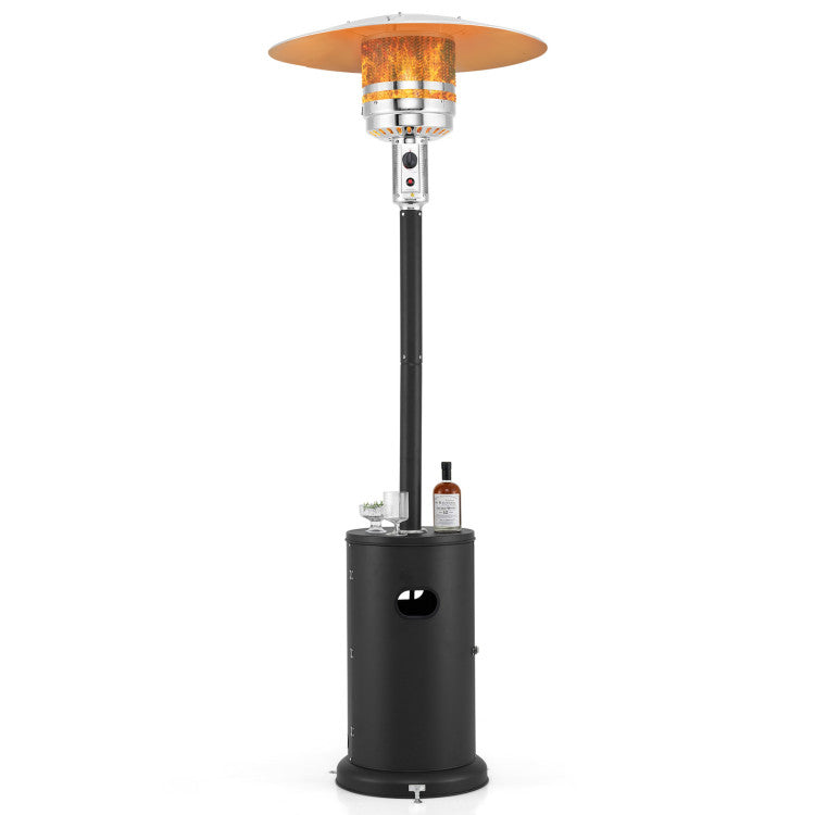 Front view of 50,000 BTU propane patio heater with round table