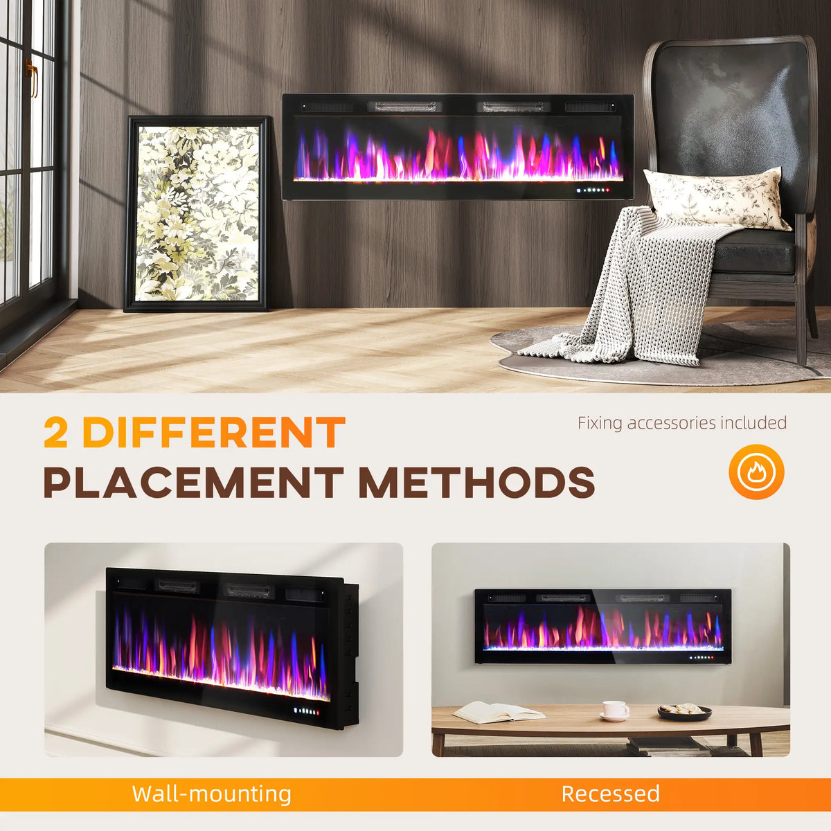 Electric fireplace insert featuring lifelike 3D flame effects.