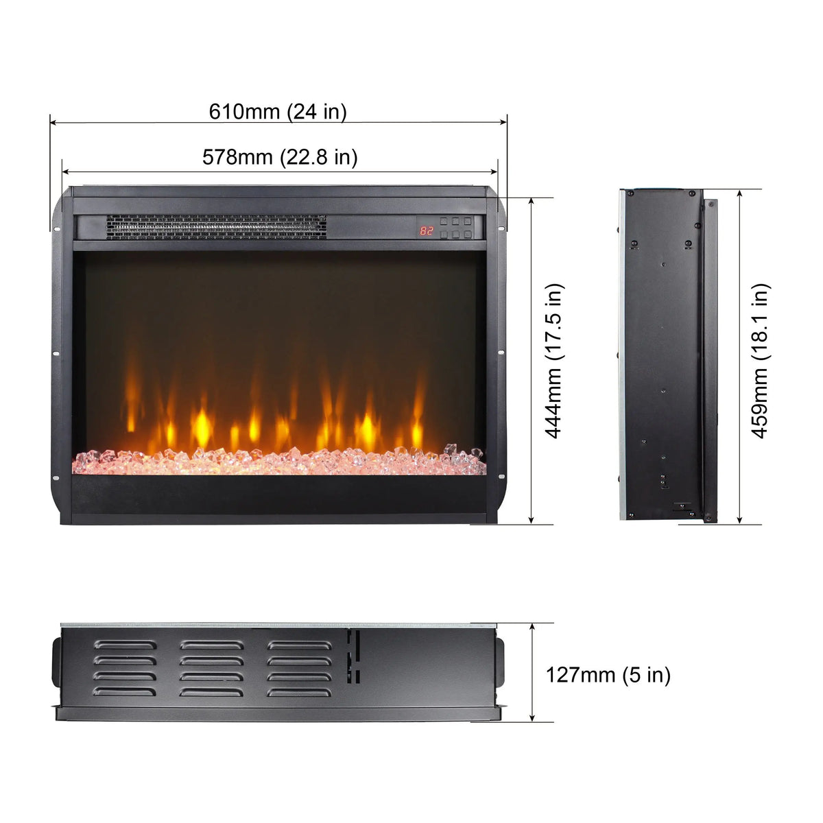 Realistic electric log insert with adjustable brightness and flame effects.