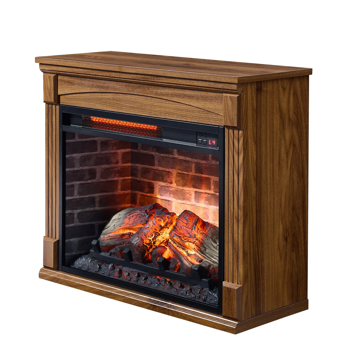Realistic flame effect from electric fireplace in TV entertainment cabinet.