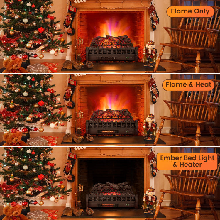 Close-up of resin fire log and pinewood ember bed in electric fireplace