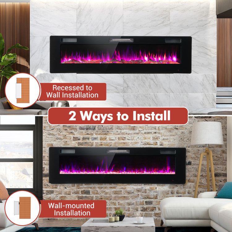 Recessed Electric Fireplace with Crystal and Log Decoration