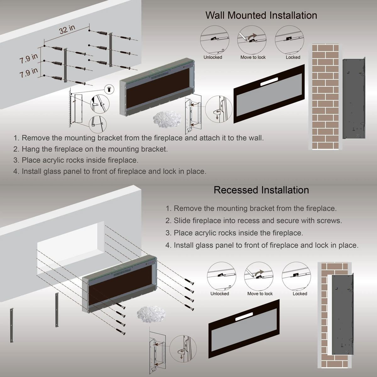 Built-in electric fireplace integrated into a TV unit