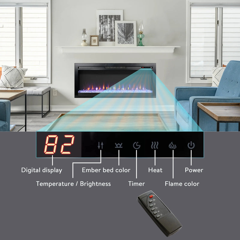 Recessed electric fireplace installed under a TV