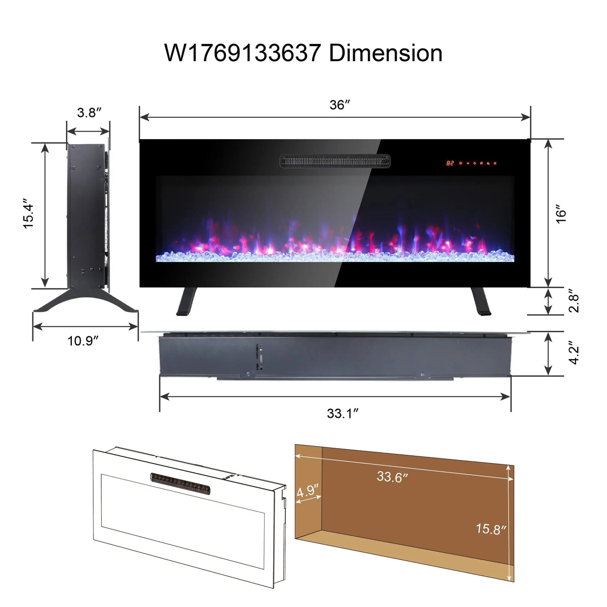 Recessed wall electric fireplace with realistic flame effects
