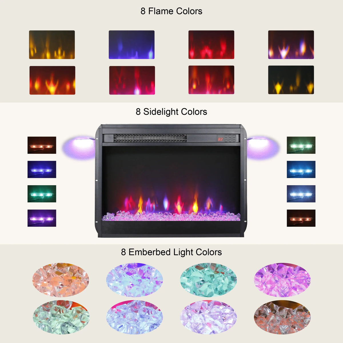 Infrared remote control for electric fireplace insert with timer function.