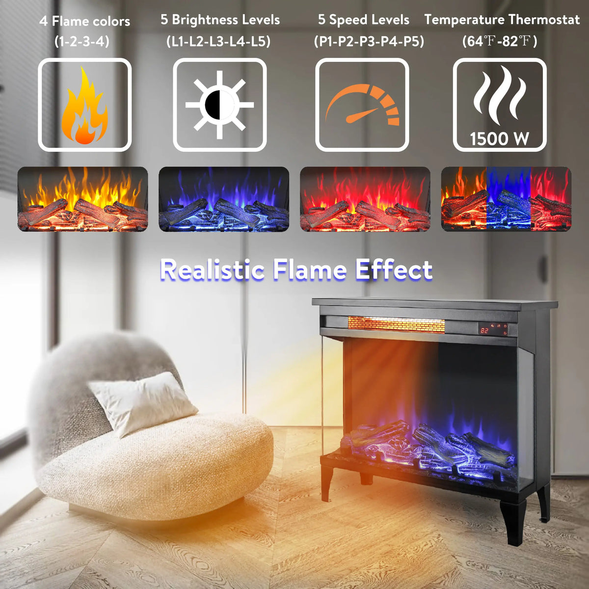 Remote control for easy operation of the 3-sided electric fireplace.